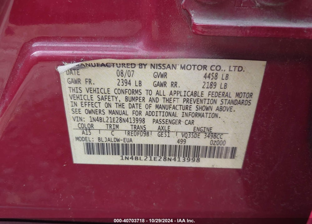 2008 NISSAN ALTIMA 3.5 SE VIN: 1N4BL21E28N413998