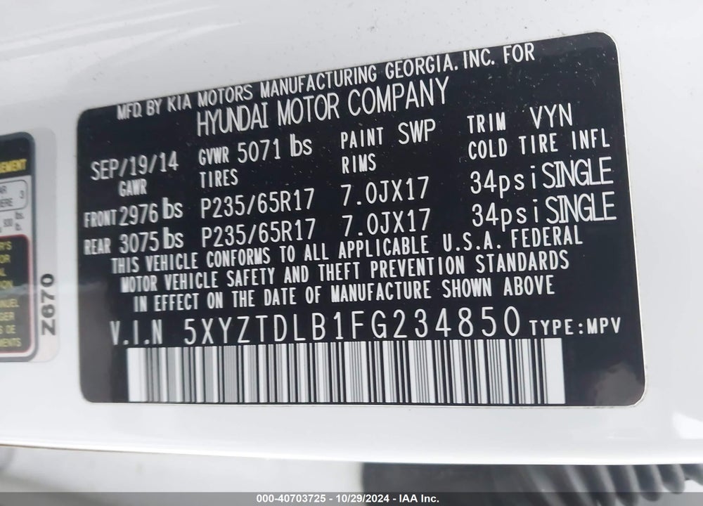 2015 HYUNDAI SANTA FE SPORT 2.4L VIN: 5XYZTDLB1FG234850