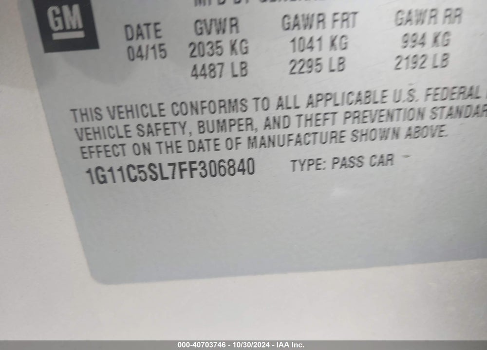 2015 CHEVROLET MALIBU 1LT VIN: 1G11C5SL7FF306840