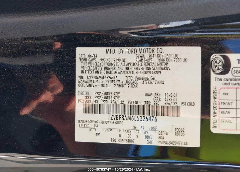 2014 FORD MUSTANG VIN: 1ZVBP8AM6E5326476