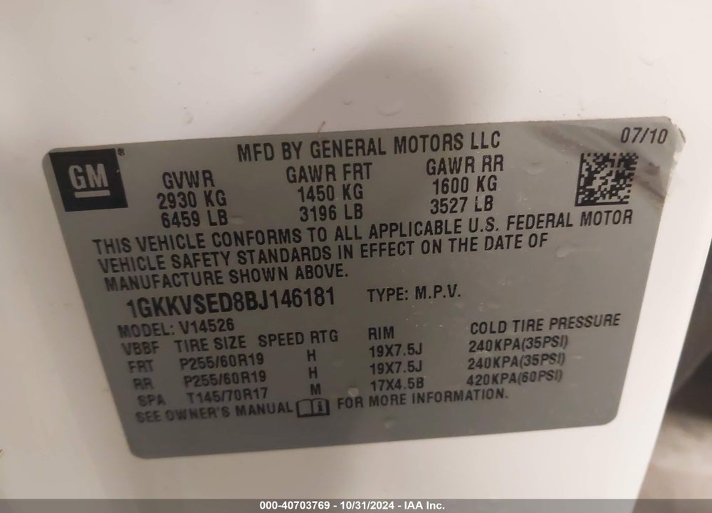 2011 GMC ACADIA SLT-2 VIN: 1GKKVSED8BJ146181