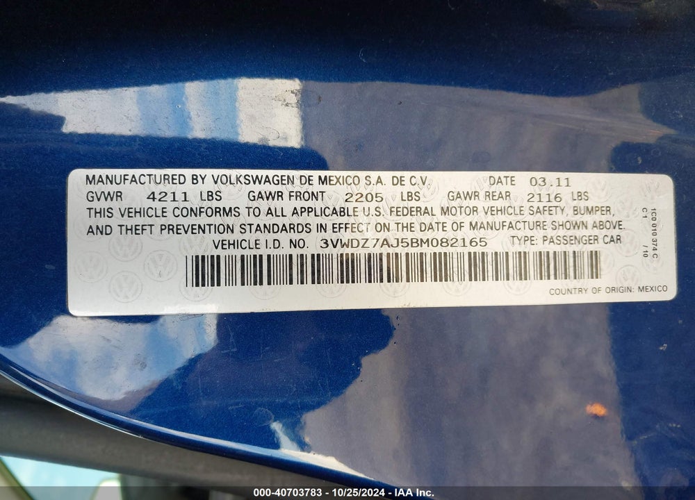 2011 VOLKSWAGEN JETTA SE VIN: 3VWDZ7AJ5BM082165