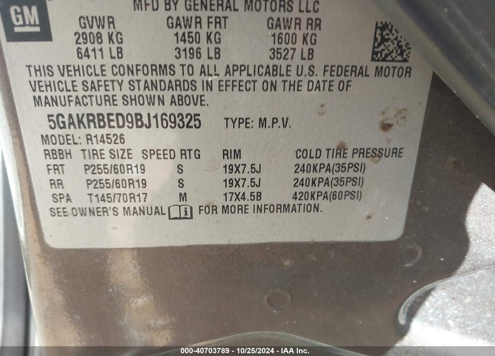 2011 BUICK ENCLAVE 1XL VIN: 5GAKRBED9BJ169325