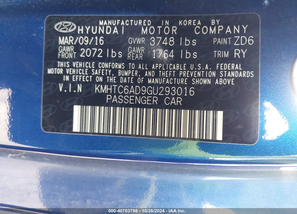 2016 HYUNDAI VELOSTER VIN: KMHTC6AD9GU293016
