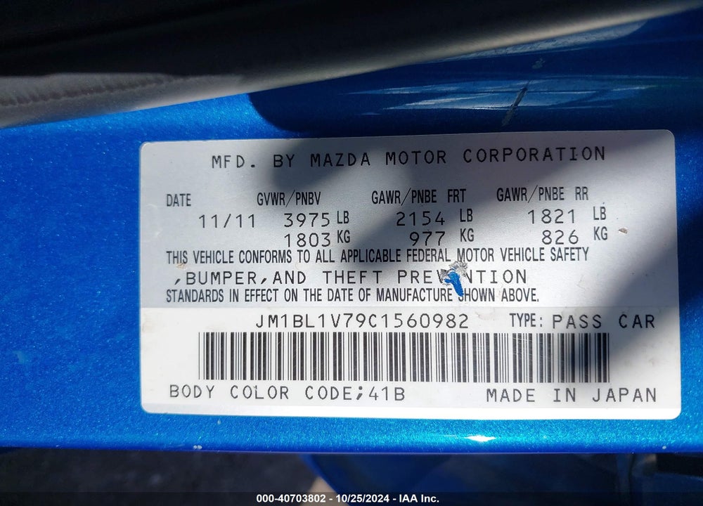 2012 MAZDA 3 VIN: JM1BL1V79C1560982