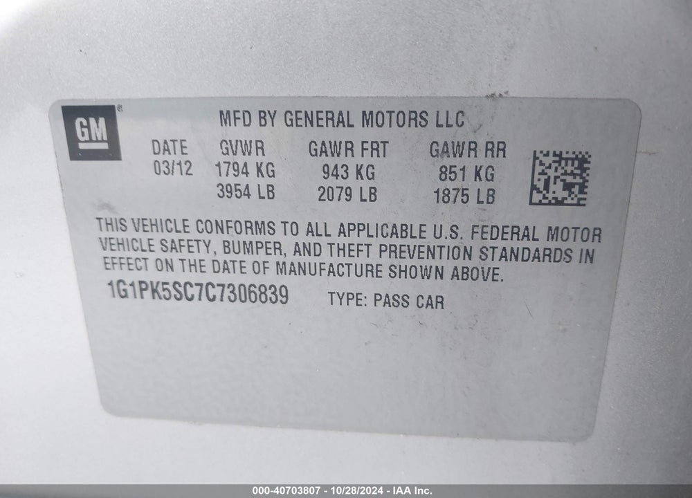 2012 CHEVROLET CRUZE ECO VIN: 1G1PK5SC7C7306839
