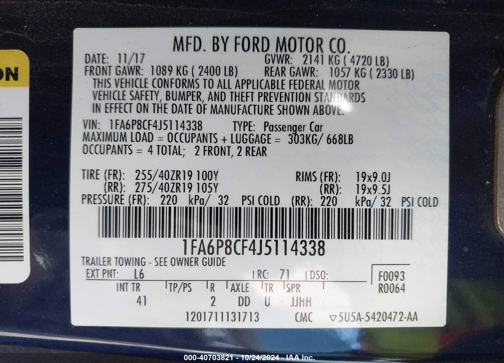 2018 FORD MUSTANG GT PREMIUM VIN: 1FA6P8CF4J5114338