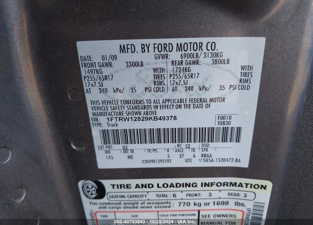 2009 FORD F-150 XL/XLT VIN: 1FTRW12829KB49378