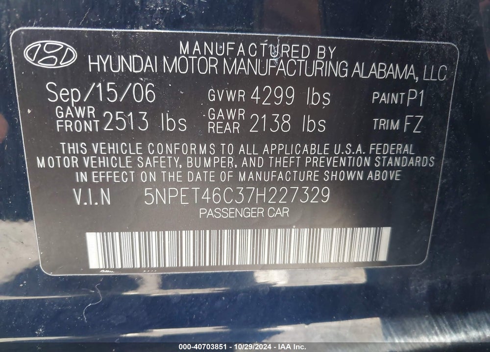 2007 HYUNDAI SONATA VIN: 5NPET46C37H227329