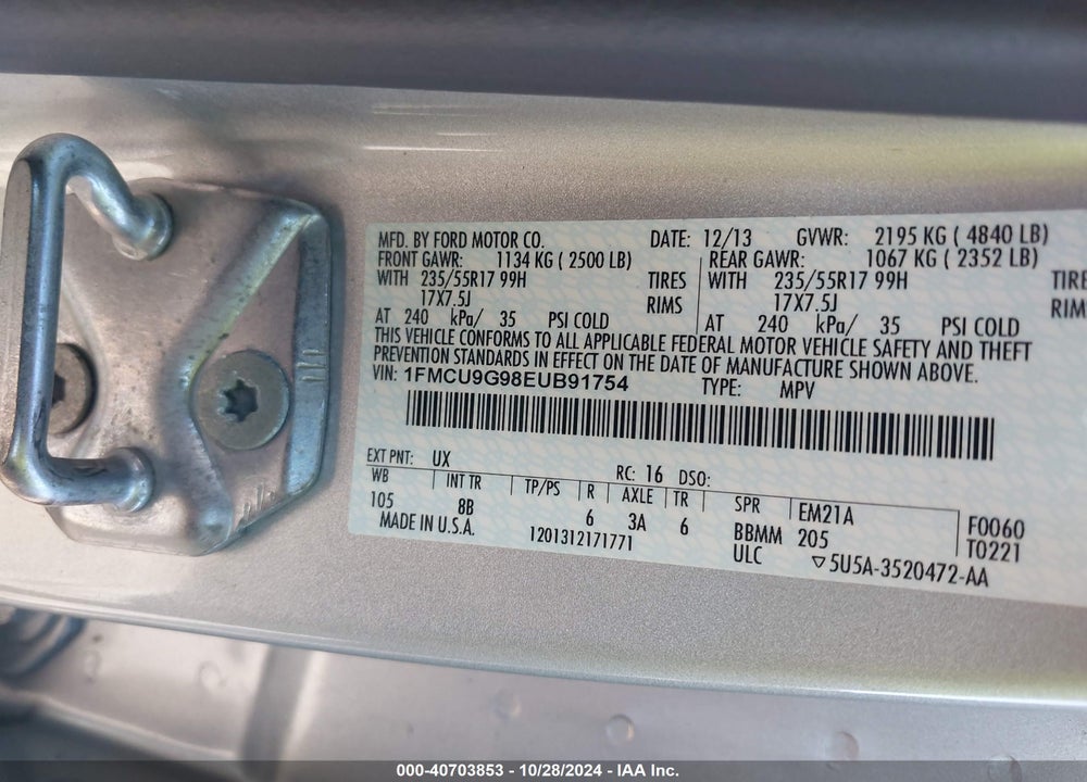 2014 FORD ESCAPE SE VIN: 1FMCU9G98EUB91754