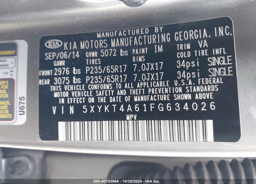 2015 KIA SORENTO LX VIN: 5XYKT4A61FG634026