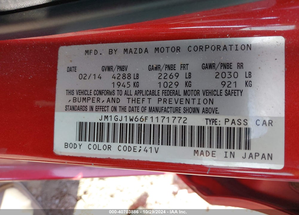 2015 MAZDA 6 I GRAND TOURING VIN: JM1GJ1W66F1171772