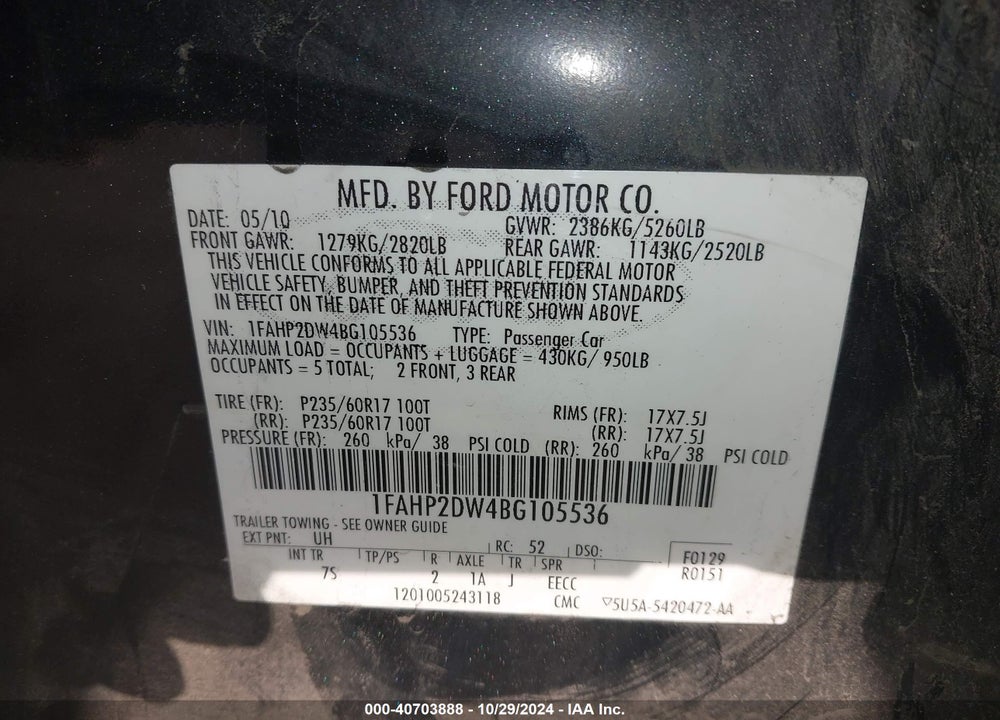 2011 FORD TAURUS SE VIN: 1FAHP2DW4BG105536