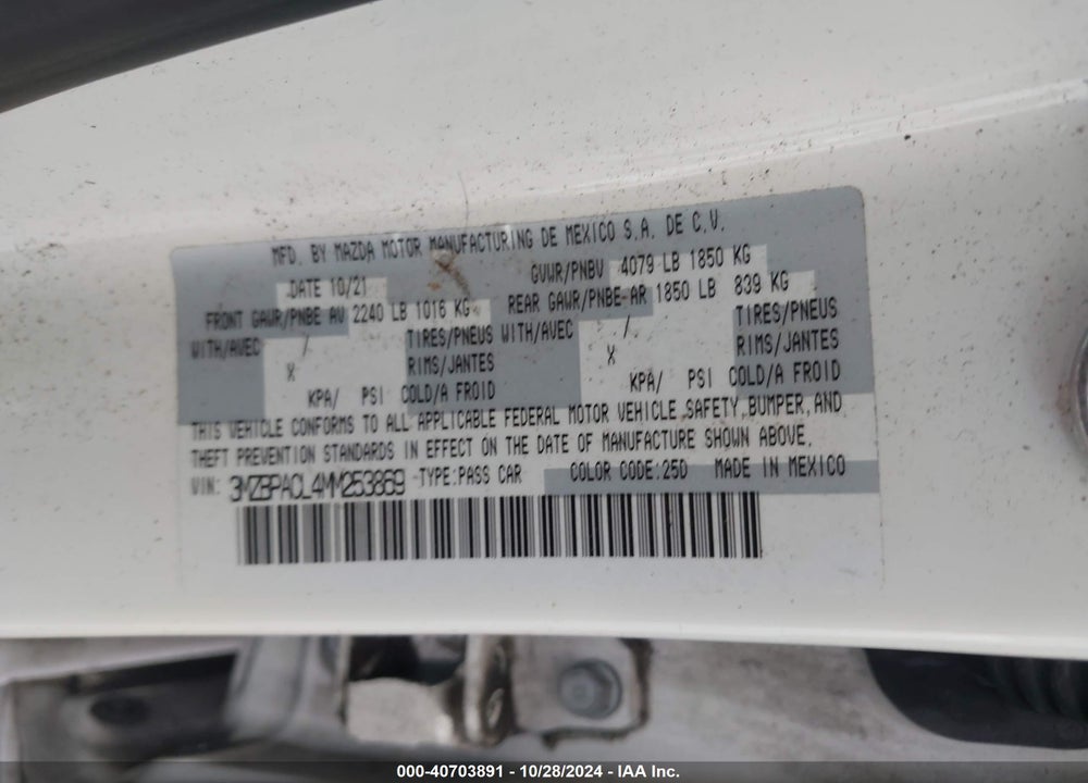 2021 MAZDA 3 PREFERRED VIN: 3MZBPACL4MM253869
