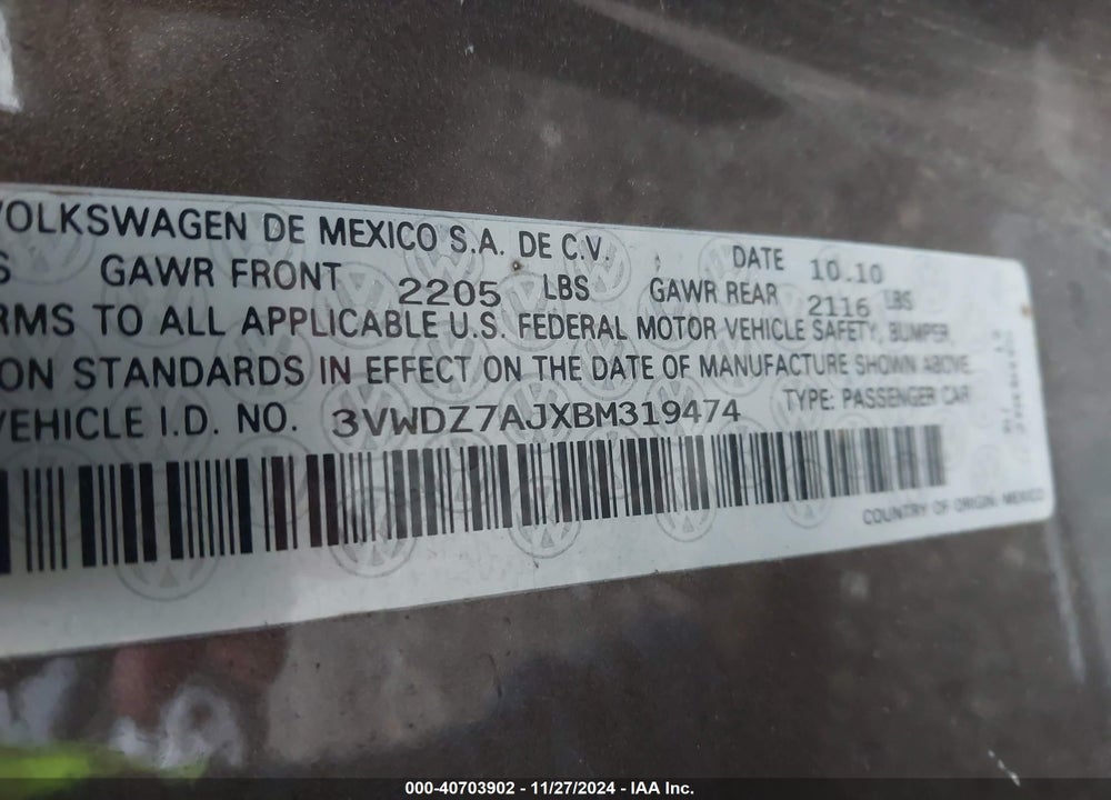 2011 VOLKSWAGEN JETTA 2.5L SE VIN: 3VWDZ7AJXBM319474