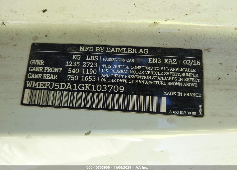 2016 SMART FORTWO VIN: WMEFJ5DA1GK103709