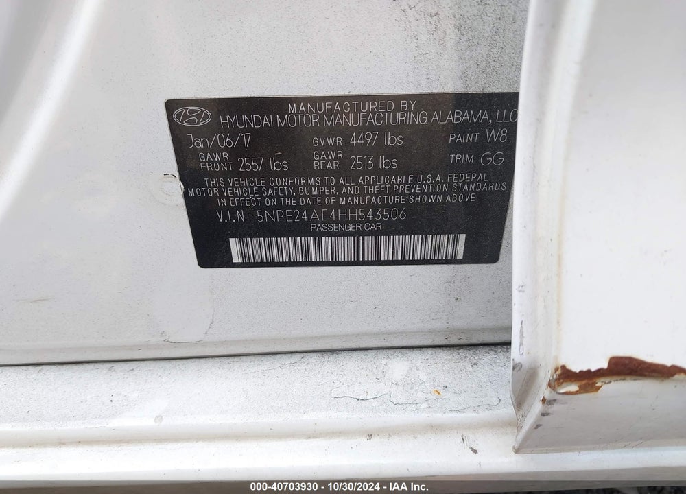2017 HYUNDAI SONATA SE VIN: 5NPE24AF4HH543506