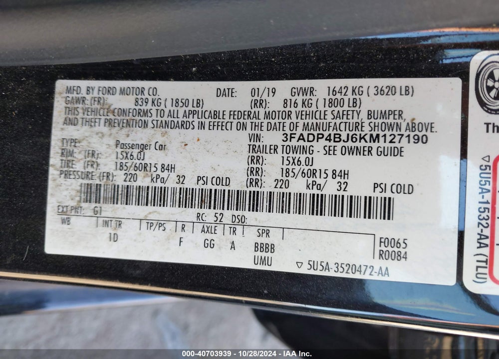 2019 FORD FIESTA SE VIN: 3FADP4BJ6KM127190
