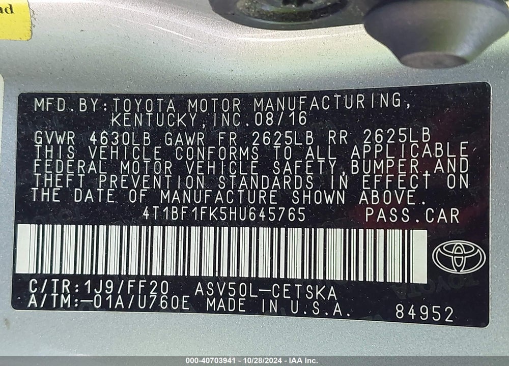 2017 TOYOTA CAMRY SE VIN: 4T1BF1FK5HU645765