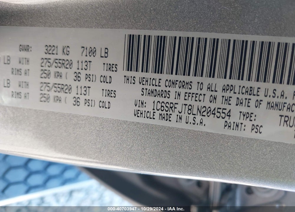 2020 RAM 1500 LAIE VIN: 1C6SRFJT8LN204554