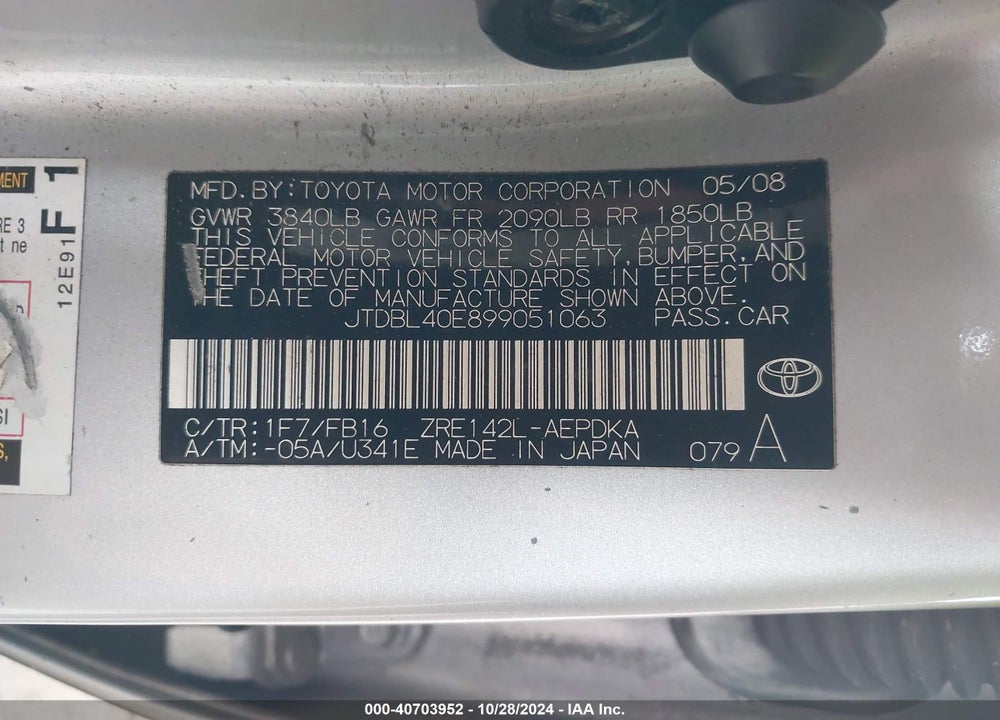 2009 TOYOTA COROLLA LE VIN: JTDBL40E899051063