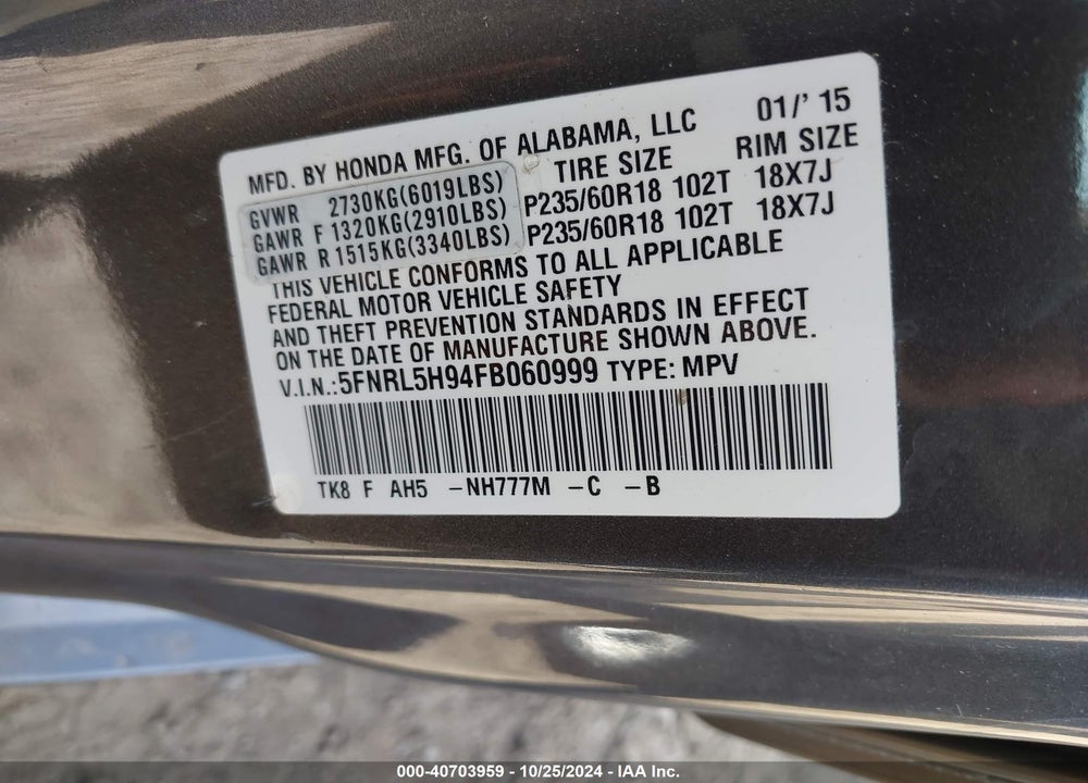 2015 HONDA ODYSSEY TOURING/TOURING ELITE VIN: 5FNRL5H94FB060999