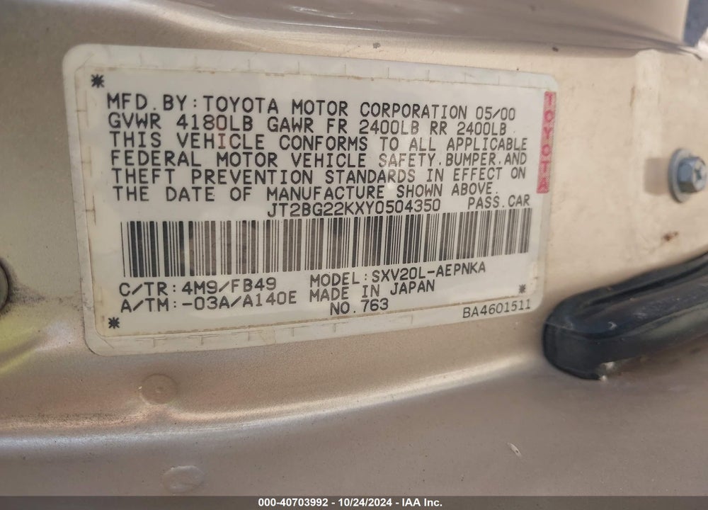 2000 TOYOTA CAMRY LE VIN: JT2BG22KXY0504350