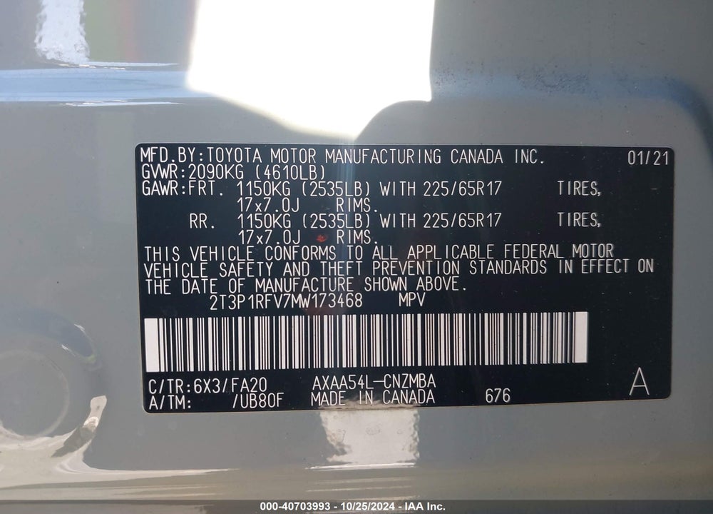 2021 TOYOTA RAV4 XLE VIN: 2T3P1RFV7MW173468