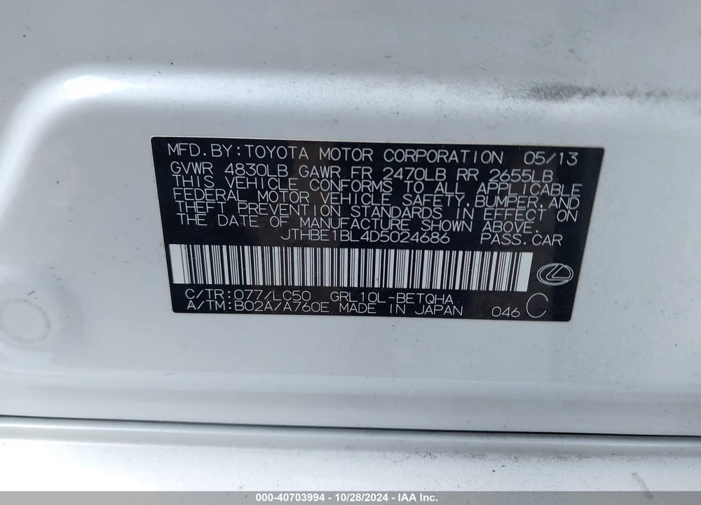 2013 LEXUS GS 350 VIN: JTHBE1BL4D5024686