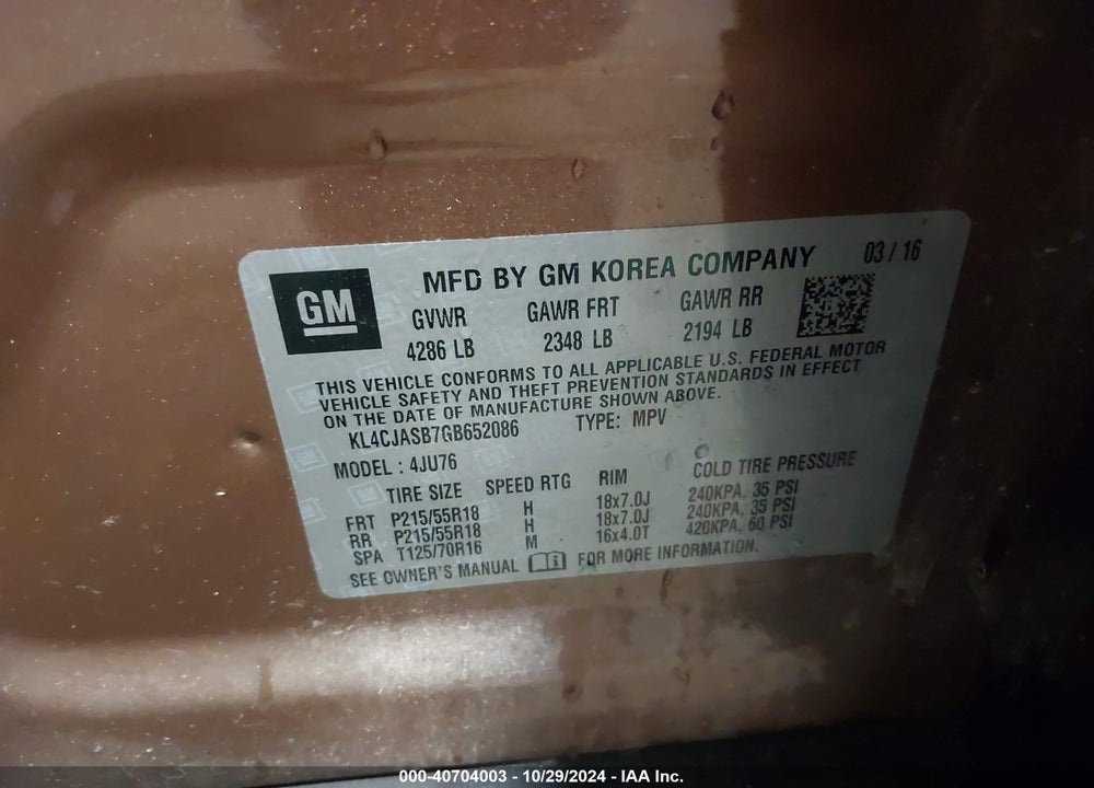 2016 BUICK ENCORE VIN: KL4CJASB7GB652086