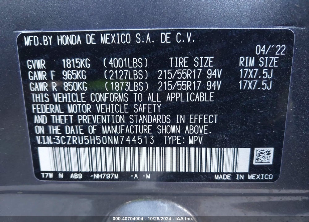 2022 HONDA HR-V 2WD EX VIN: 3CZRU5H50NM744513