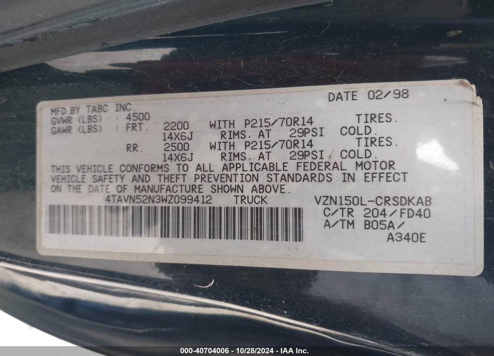 1998 TOYOTA TACOMA BASE V6 VIN: 4TAVN52N3WZ099412