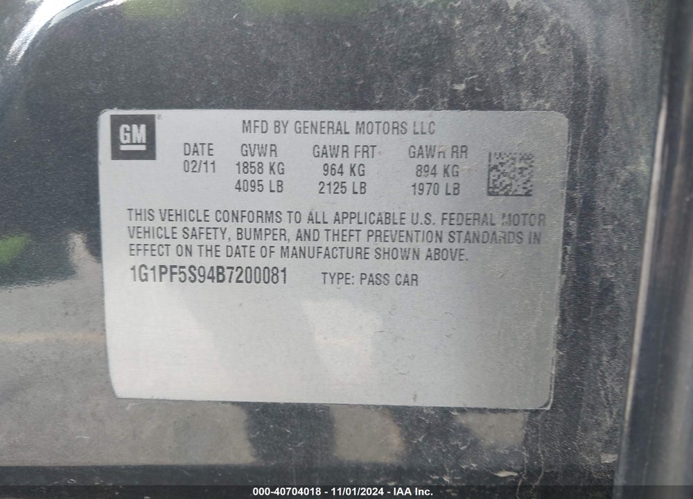 2011 CHEVROLET CRUZE 1LT VIN: 1G1PF5S94B7200081