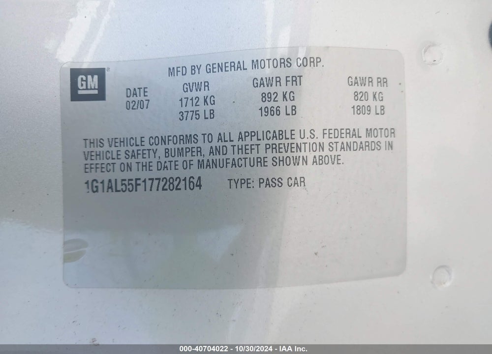 2007 CHEVROLET COBALT LT VIN: 1G1AL55F177282164
