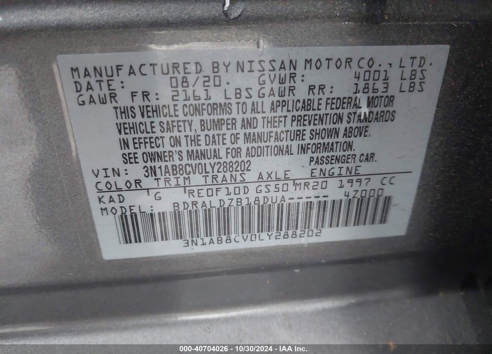 2020 NISSAN SENTRA SV XTRONIC CVT VIN: 3N1AB8CV0LY288202