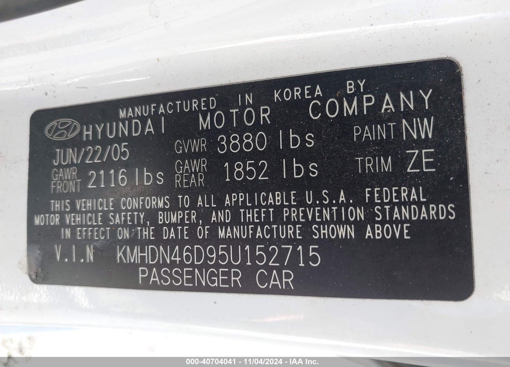 2005 HYUNDAI ELANTRA GLS/GT VIN: KMHDN46D95U152715