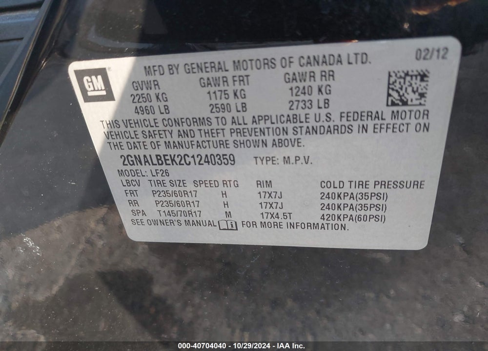 2012 CHEVROLET EQUINOX LS VIN: 2GNALBEK2C1240359