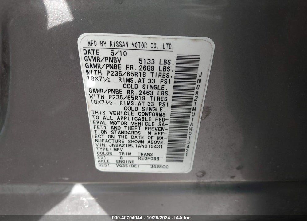 2010 NISSAN MURANO SL VIN: JN8AZ1MU1AW015431