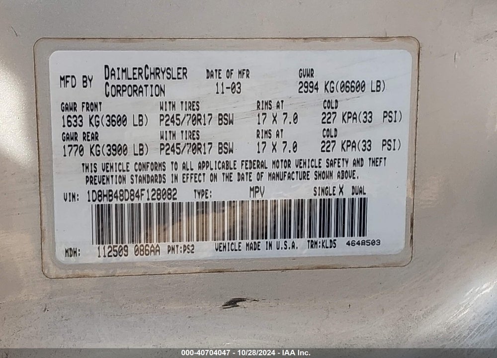 2004 DODGE DURANGO SLT VIN: 1D8HB48D84F128082