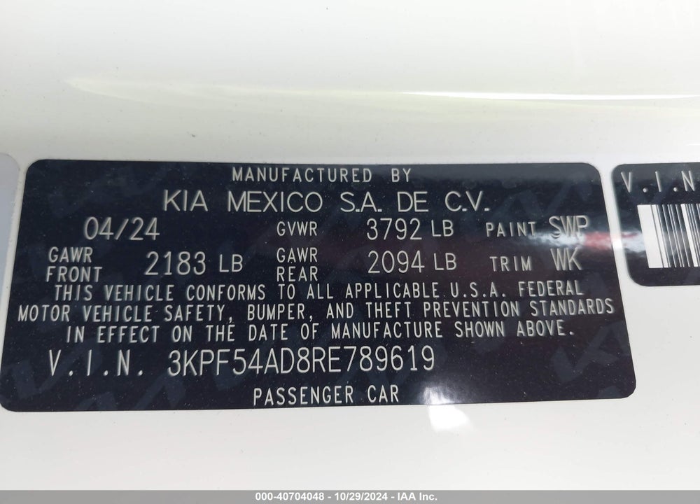 2024 KIA FORTE GT LINE VIN: 3KPF54AD8RE789619
