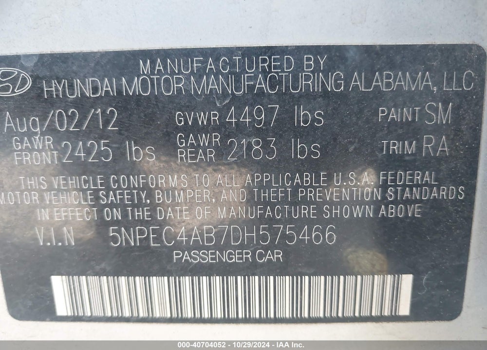 2013 HYUNDAI SONATA VIN: 5NPEC4AB7DH575466