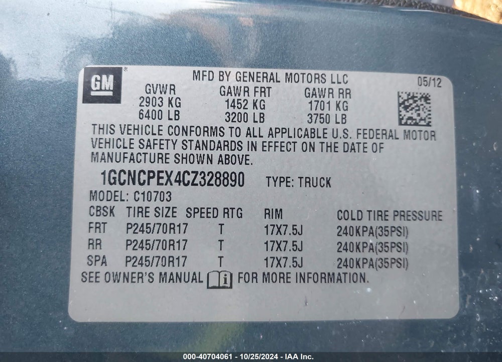 2012 CHEVROLET SILVERADO 1500 WORK TRUCK VIN: 1GCNCPEX4CZ328890