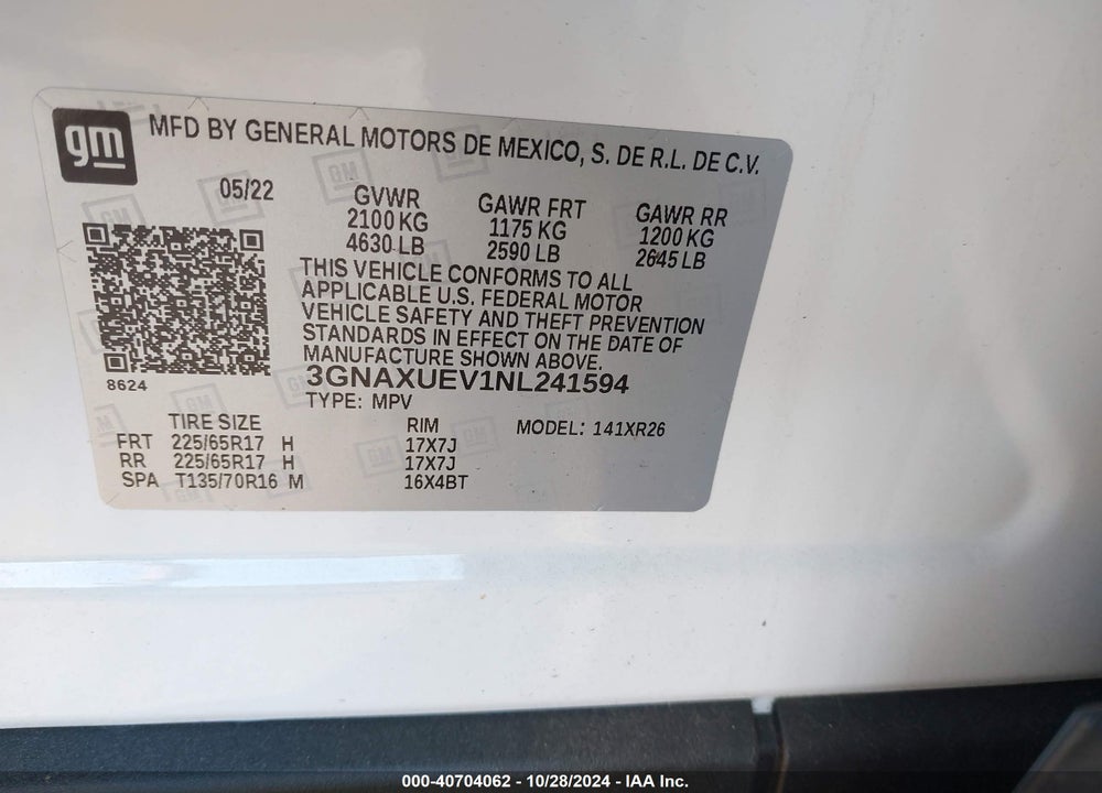 2022 CHEVROLET EQUINOX AWD LT VIN: 3GNAXUEV1NL241594