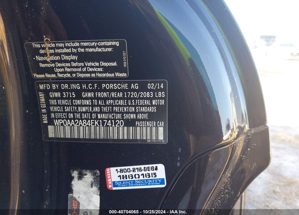 2014 PORSCHE CAYMAN VIN: WP0AA2A84EK174120