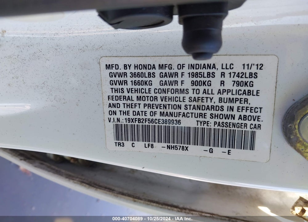 2012 HONDA CIVIC LX VIN: 19XFB2F56CE389936