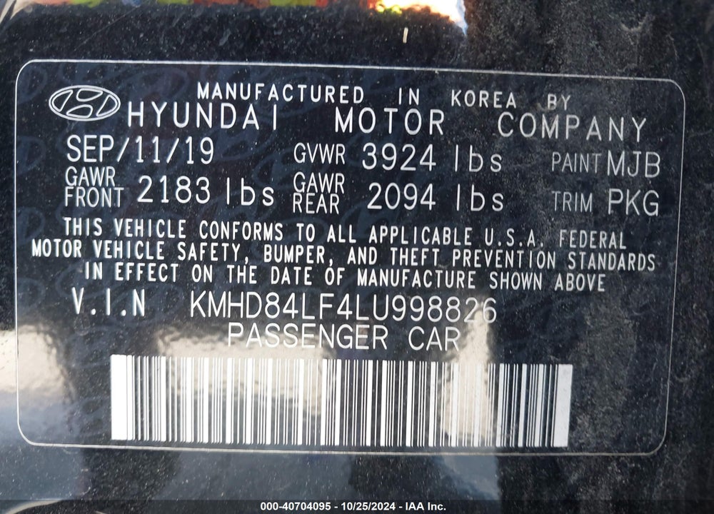 2020 HYUNDAI ELANTRA VALUE EDITION VIN: KMHD84LF4LU998826