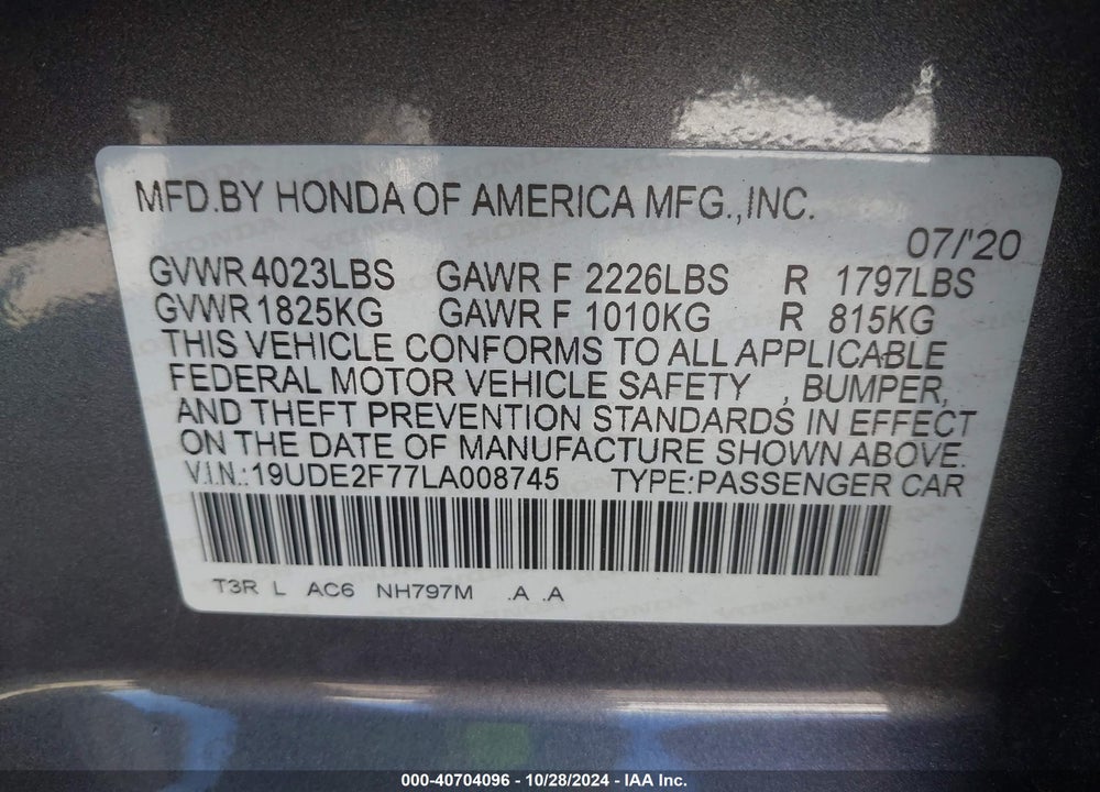 2020 ACURA ILX PREMIUM PACKAGE/TECHNOLOGY PACKAGE VIN: 19UDE2F77LA008745