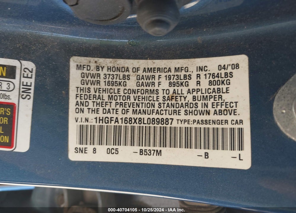 2008 HONDA CIVIC EX VIN: 1HGFA168X8L089887