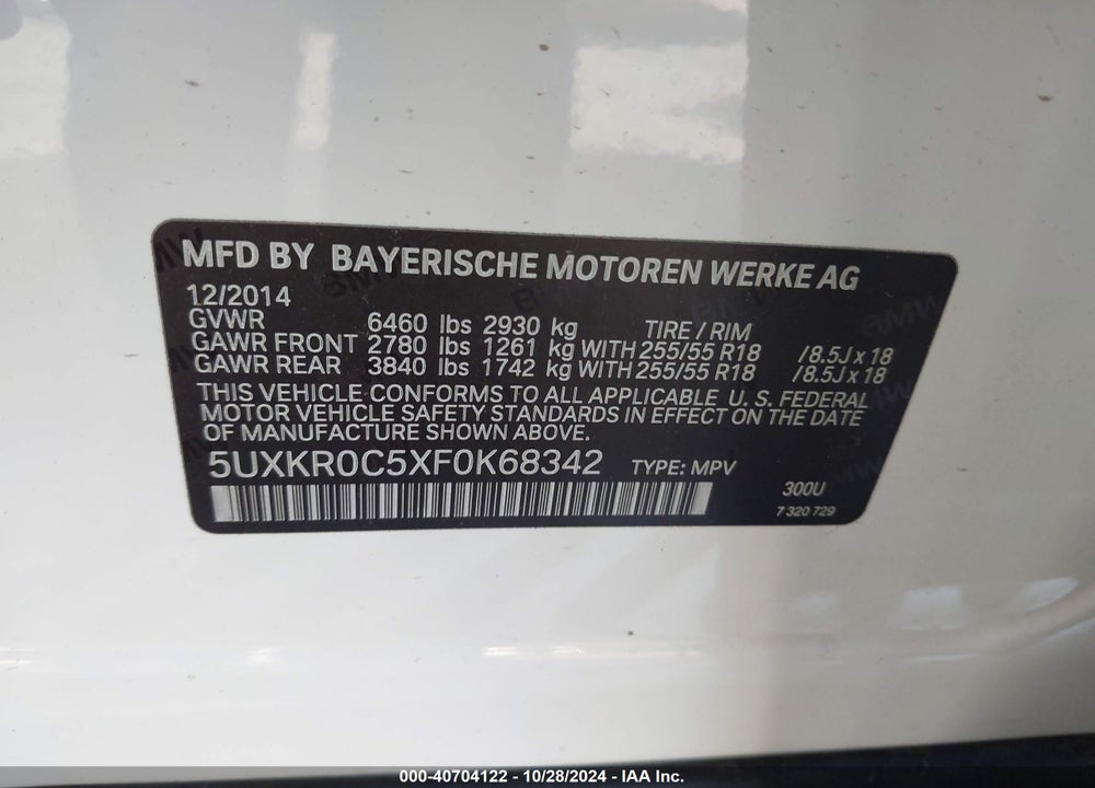 2015 BMW X5 XDRIVE35I VIN: 5UXKR0C5XF0K68342