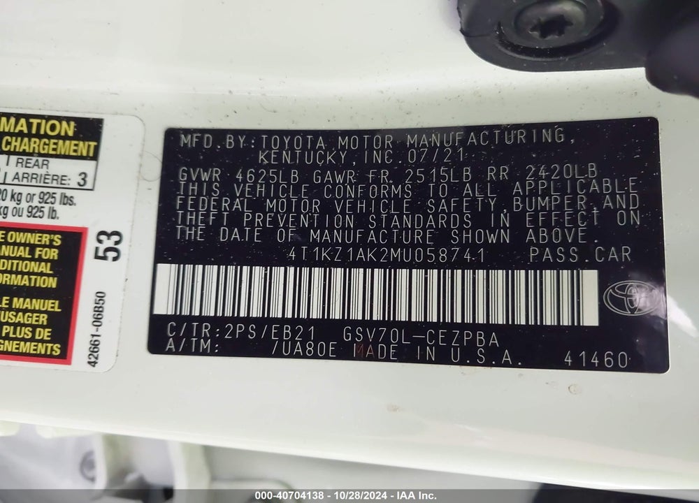2021 TOYOTA CAMRY TRD VIN: 4T1KZ1AK2MU058741